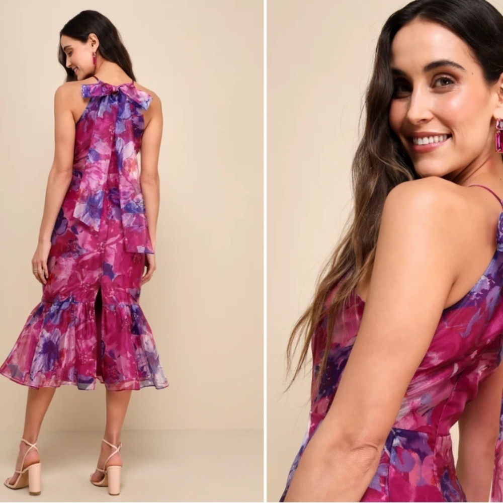 LULU's Floral Sexy Flowy Special Event Prom Wedding Chic Elegant Midi Dress - Picture 4 of 5